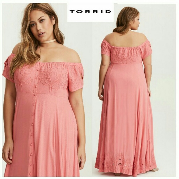 ➕Torrid- Coral Embroidered Off Shoulder Maxi Dress - Picture 1 of 3